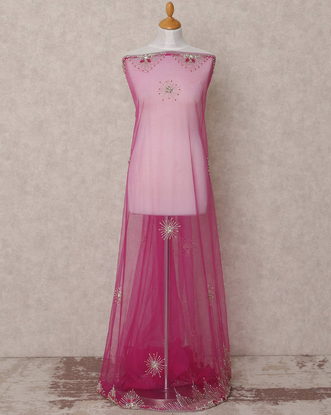 Rani Pink Embroidered Nylon Tulle Fabric with Starburst Sequin Butis and Pink-Silver Beaded Border, 140 cm Width, Made in India-D23493