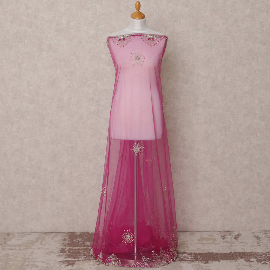 Rani Pink Embroidered Nylon Tulle Fabric with Starburst Sequin Butis and Pink-Silver Beaded Border, 140 cm Width, Made in India-D23493