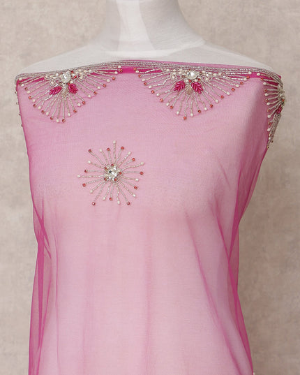 Rani Pink Embroidered Nylon Tulle Fabric with Starburst Sequin Butis and Pink-Silver Beaded Border, 140 cm Width, Made in India-D23493