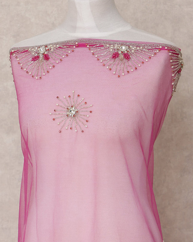 Rani Pink Embroidered Nylon Tulle Fabric with Starburst Sequin Butis and Pink-Silver Beaded Border, 140 cm Width, Made in India-D23493