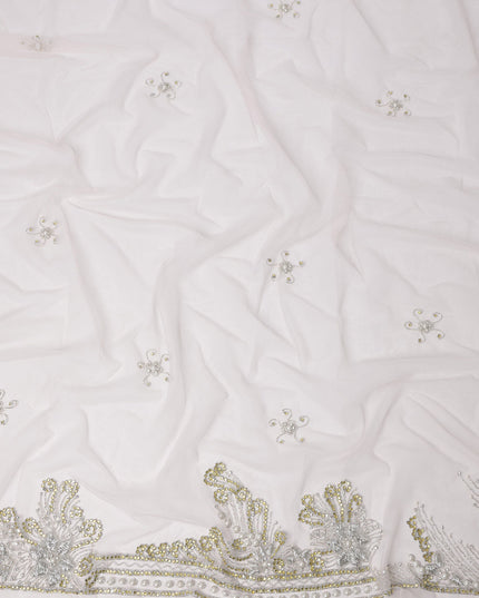 Off White Embroidered Nylon Tulle Fabric with Crystal Butis and Silver-Gold Sequin Beaded Border, 140 cm Width, Made in India-D23494 - Regal Fabrics
