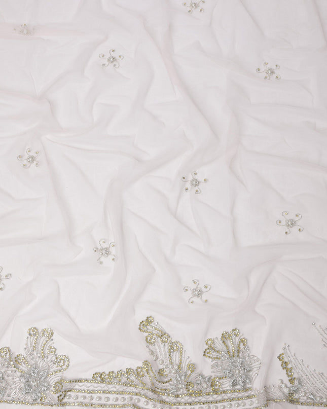 Off White Embroidered Nylon Tulle Fabric with Crystal Butis and Silver-Gold Sequin Beaded Border, 140 cm Width, Made in India-D23494 - Regal Fabrics