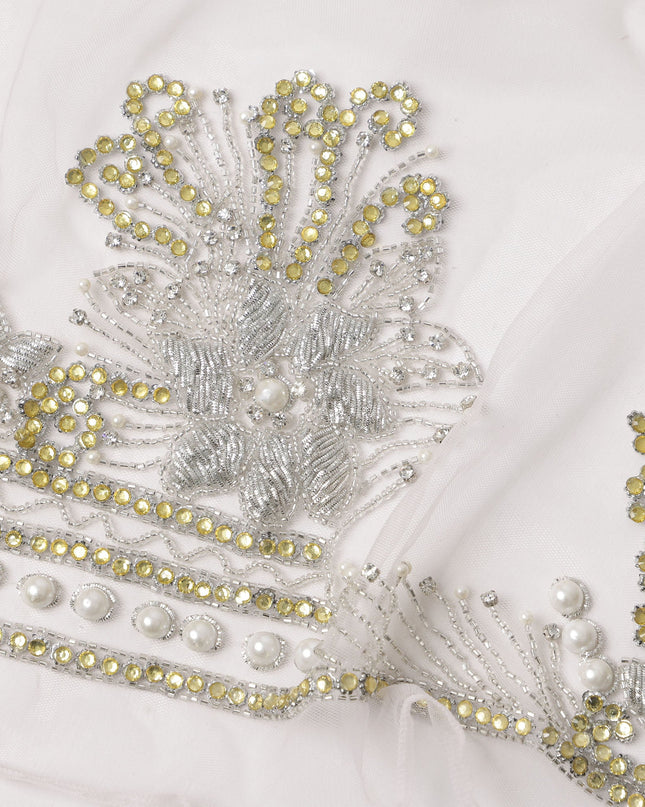 Off White Embroidered Nylon Tulle Fabric with Crystal Butis and Silver-Gold Sequin Beaded Border, 140 cm Width, Made in India-D23494 - Regal Fabrics