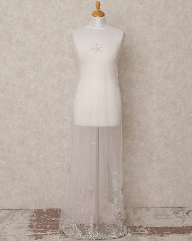 Off White Embroidered Nylon Tulle Fabric with Crystal Butis and Silver-Gold Sequin Beaded Border, 140 cm Width, Made in India-D23494 - Regal Fabrics
