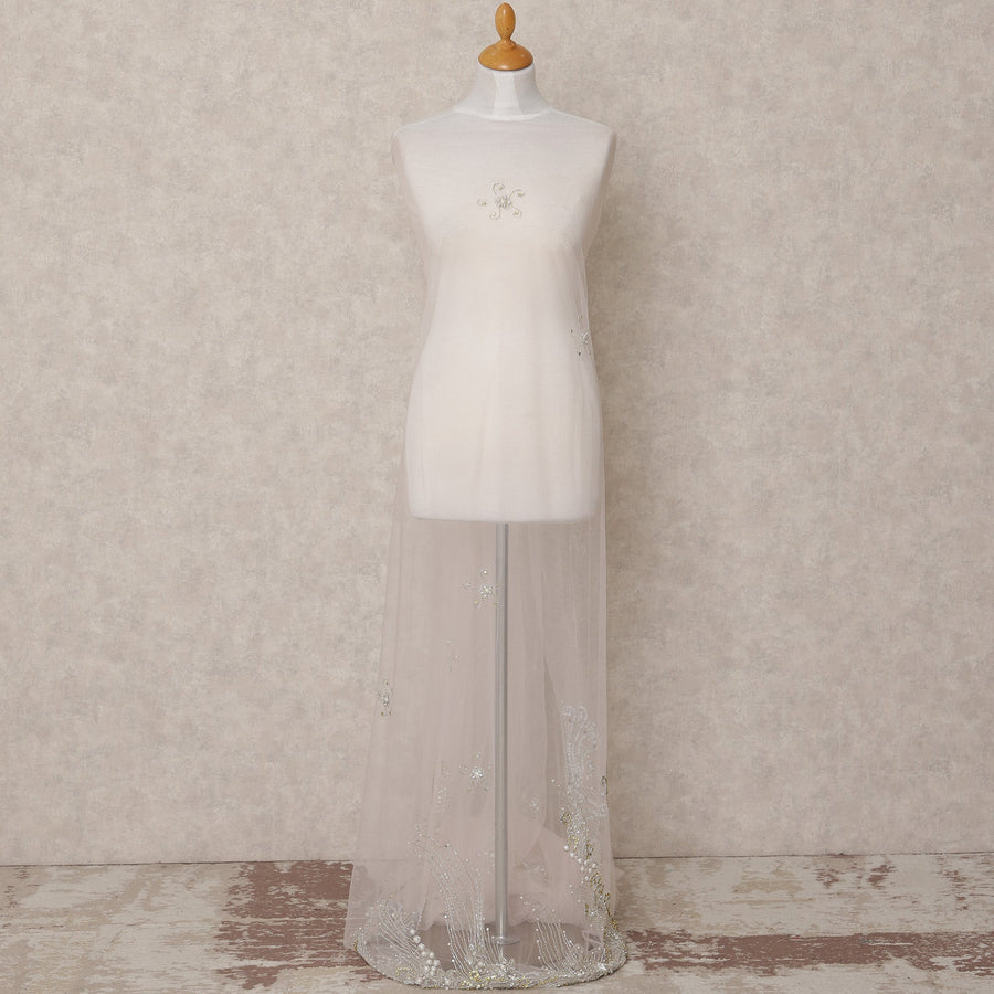 Off White Embroidered Nylon Tulle Fabric with Crystal Butis and Silver-Gold Sequin Beaded Border, 140 cm Width, Made in India-D23494 - Regal Fabrics