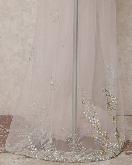 Off White Embroidered Nylon Tulle Fabric with Crystal Butis and Silver-Gold Sequin Beaded Border, 140 cm Width, Made in India-D23494 - Regal Fabrics