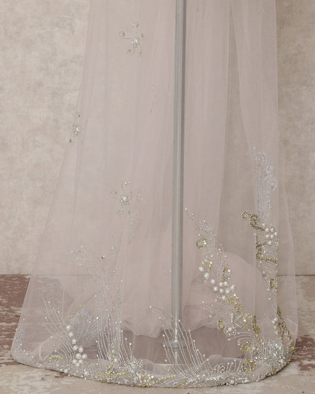 Off White Embroidered Nylon Tulle Fabric with Crystal Butis and Silver-Gold Sequin Beaded Border, 140 cm Width, Made in India-D23494 - Regal Fabrics