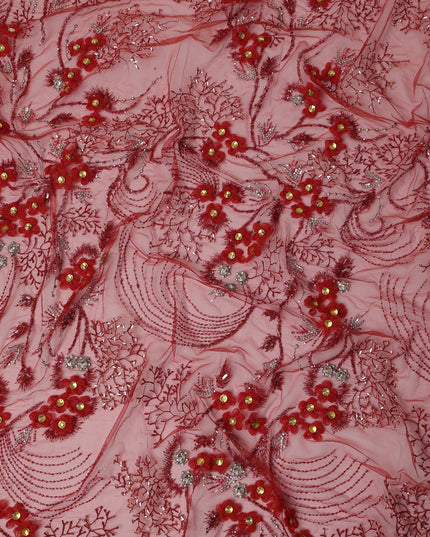 Dusty Rose Red Embroidered Nylon Tulle Fabric with 3D Floral Sequins, Beads, and Feather Thread Detailing, 140 cm Width, Made in India-D23495