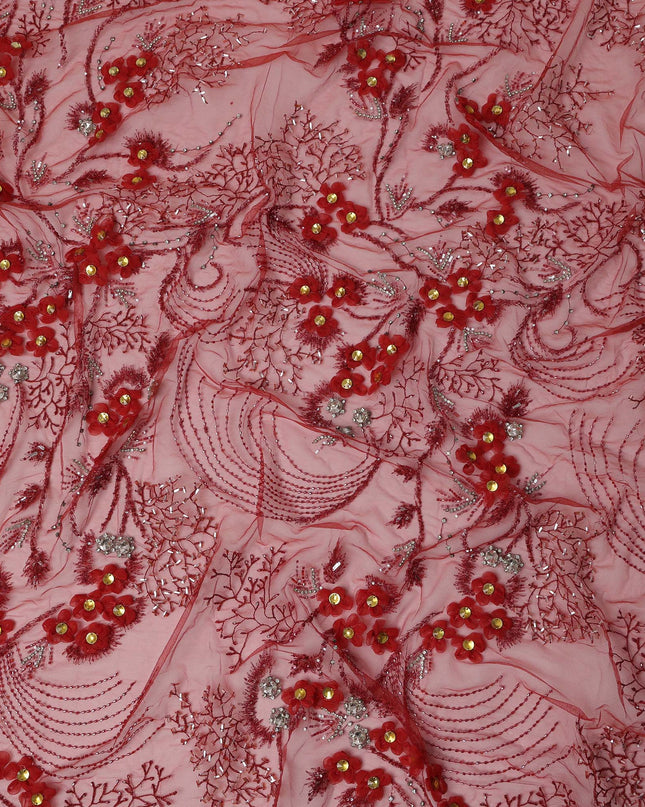 Dusty Rose Red Embroidered Nylon Tulle Fabric with 3D Floral Sequins, Beads, and Feather Thread Detailing, 140 cm Width, Made in India-D23495
