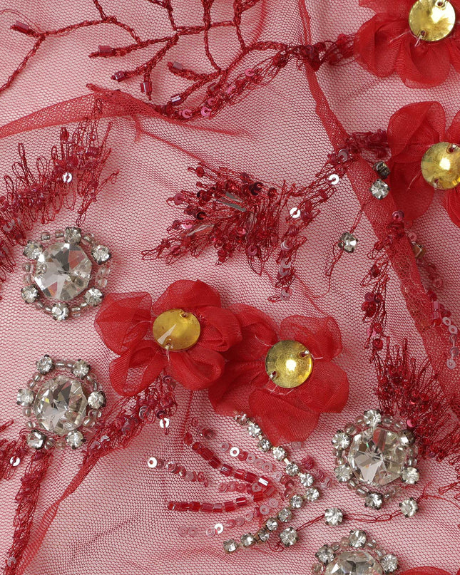 Dusty Rose Red Embroidered Nylon Tulle Fabric with 3D Floral Sequins, Beads, and Feather Thread Detailing, 140 cm Width, Made in India-D23495