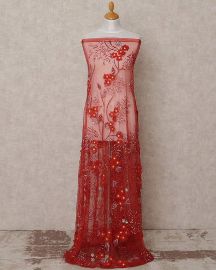 Dusty Rose Red Embroidered Nylon Tulle Fabric with 3D Floral Sequins, Beads, and Feather Thread Detailing, 140 cm Width, Made in India-D23495
