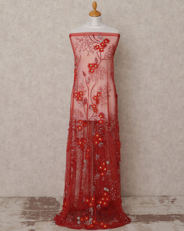 Dusty Rose Red Embroidered Nylon Tulle Fabric with 3D Floral Sequins, Beads, and Feather Thread Detailing, 140 cm Width, Made in India-D23495