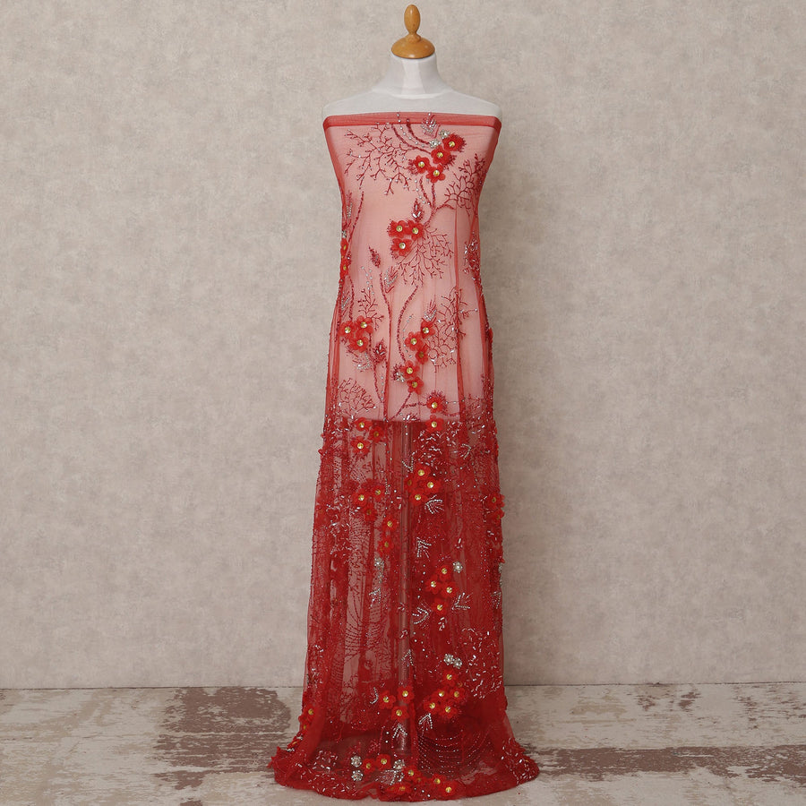 Dusty Rose Red Embroidered Nylon Tulle Fabric with 3D Floral Sequins, Beads, and Feather Thread Detailing, 140 cm Width, Made in India-D23495