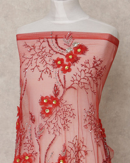 Dusty Rose Red Embroidered Nylon Tulle Fabric with 3D Floral Sequins, Beads, and Feather Thread Detailing, 140 cm Width, Made in India-D23495