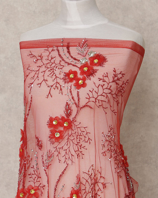 Dusty Rose Red Embroidered Nylon Tulle Fabric with 3D Floral Sequins, Beads, and Feather Thread Detailing, 140 cm Width, Made in India-D23495