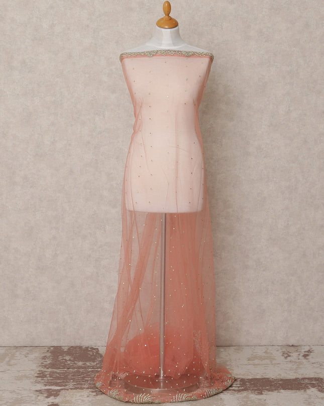 Peach Pink Embroidered Nylon Tulle Fabric with Gold Sequin Scatter Work and Beaded Floral Border, 140 cm Width, Made in India-D23496