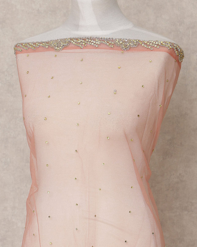 Peach Pink Embroidered Nylon Tulle Fabric with Gold Sequin Scatter Work and Beaded Floral Border, 140 cm Width, Made in India-D23496