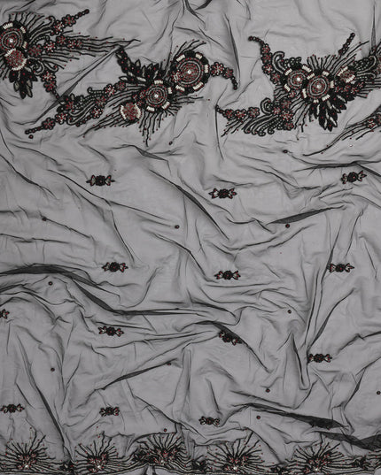 Charcoal Grey Embroidered Nylon Tulle Fabric with Abstract Floral Sequins and Stone Bead Motifs, 140 cm Width, Made in India-D23497