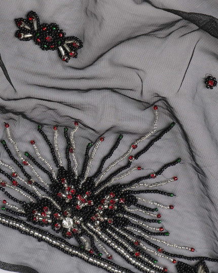 Charcoal Grey Embroidered Nylon Tulle Fabric with Abstract Floral Sequins and Stone Bead Motifs, 140 cm Width, Made in India-D23497