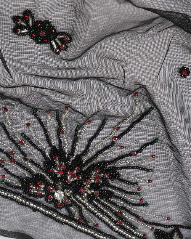 Charcoal Grey Embroidered Nylon Tulle Fabric with Abstract Floral Sequins and Stone Bead Motifs, 140 cm Width, Made in India-D23497