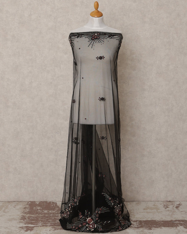 Charcoal Grey Embroidered Nylon Tulle Fabric with Abstract Floral Sequins and Stone Bead Motifs, 140 cm Width, Made in India-D23497