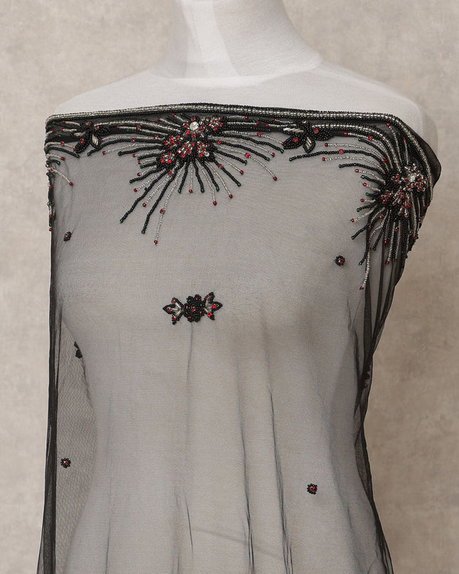 Charcoal Grey Embroidered Nylon Tulle Fabric with Abstract Floral Sequins and Stone Bead Motifs, 140 cm Width, Made in India-D23497