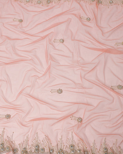 Soft Peach Embroidered Nylon Tulle Fabric with Crystal Tassel Butis and Heavy Beaded Border, 140 cm Width, Made in India-D23498