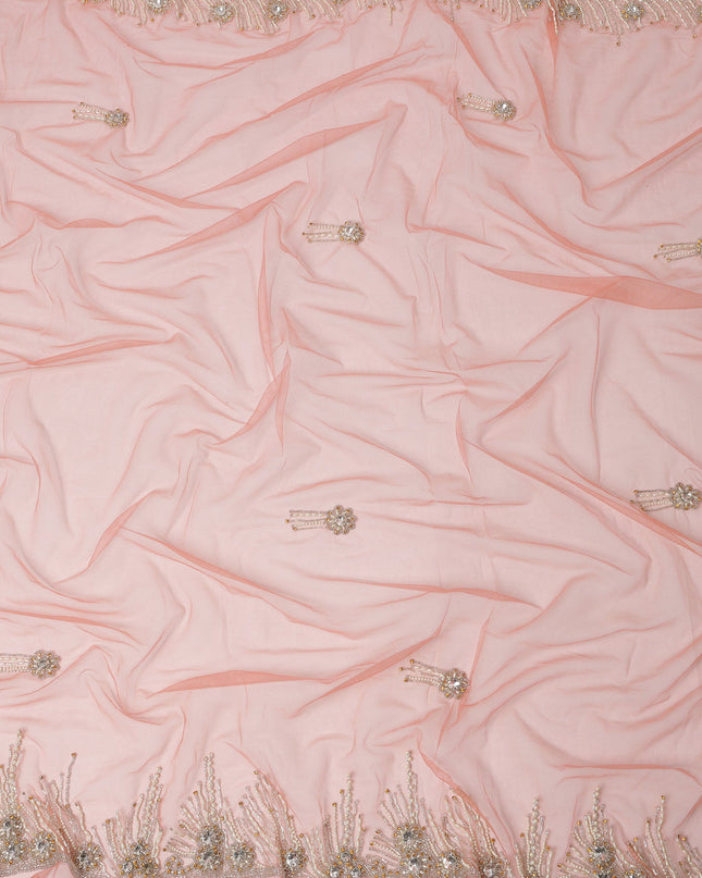 Soft Peach Embroidered Nylon Tulle Fabric with Crystal Tassel Butis and Heavy Beaded Border, 140 cm Width, Made in India-D23498