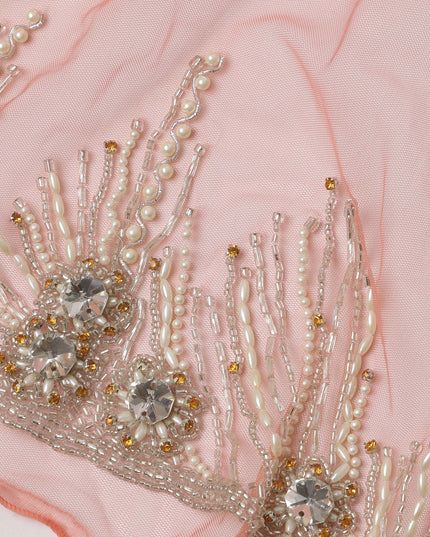 Soft Peach Embroidered Nylon Tulle Fabric with Crystal Tassel Butis and Heavy Beaded Border, 140 cm Width, Made in India-D23498