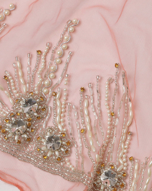 Soft Peach Embroidered Nylon Tulle Fabric with Crystal Tassel Butis and Heavy Beaded Border, 140 cm Width, Made in India-D23498