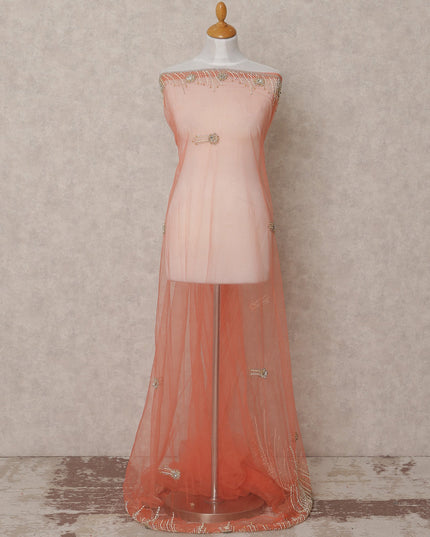 Soft Peach Embroidered Nylon Tulle Fabric with Crystal Tassel Butis and Heavy Beaded Border, 140 cm Width, Made in India-D23498