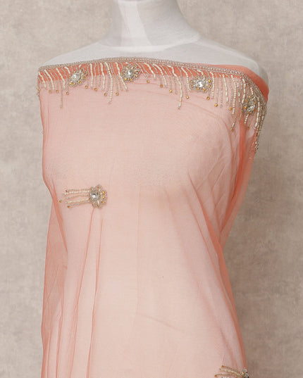 Soft Peach Embroidered Nylon Tulle Fabric with Crystal Tassel Butis and Heavy Beaded Border, 140 cm Width, Made in India-D23498