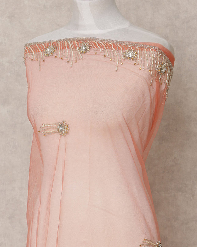 Soft Peach Embroidered Nylon Tulle Fabric with Crystal Tassel Butis and Heavy Beaded Border, 140 cm Width, Made in India-D23498