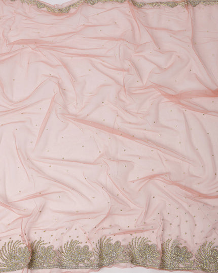 Blush Pink Embroidered Nylon Tulle Fabric with Gold Sequin Scatter Work and Floral Beaded Border, 140 cm Width, Made in India-D23499