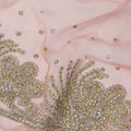 Blush Pink Embroidered Nylon Tulle Fabric with Gold Sequin Scatter Work and Floral Beaded Border, 140 cm Width, Made in India-D23499