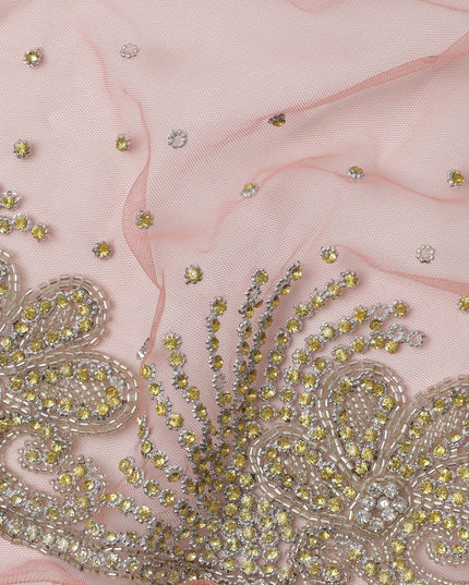 Blush Pink Embroidered Nylon Tulle Fabric with Gold Sequin Scatter Work and Floral Beaded Border, 140 cm Width, Made in India-D23499