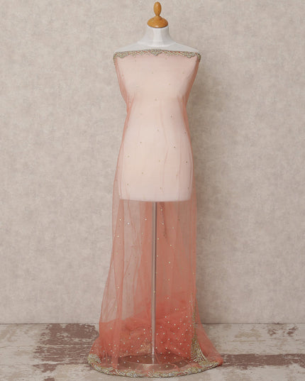 Blush Pink Embroidered Nylon Tulle Fabric with Gold Sequin Scatter Work and Floral Beaded Border, 140 cm Width, Made in India-D23499