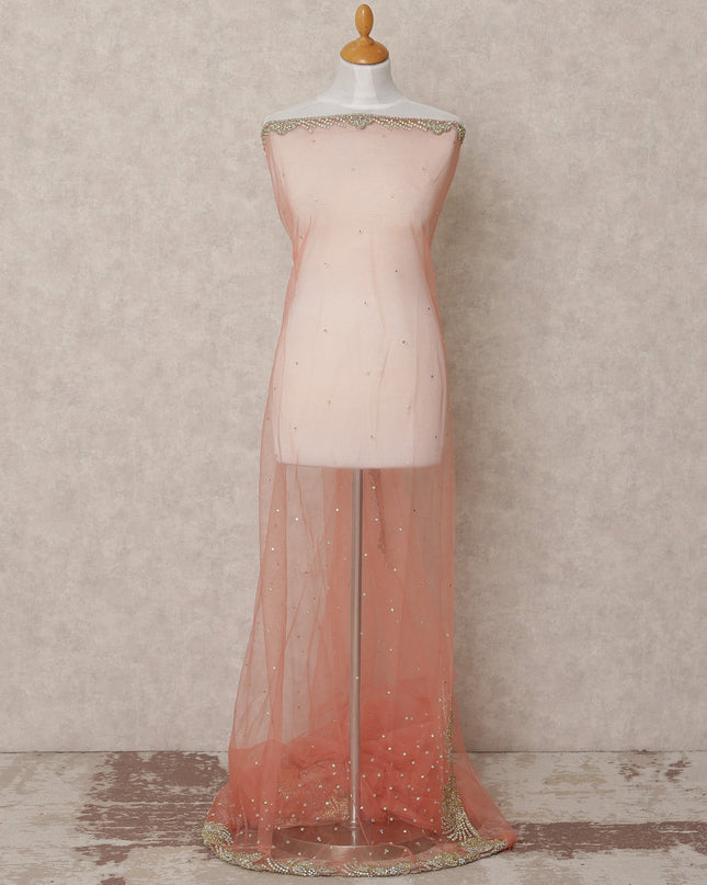 Blush Pink Embroidered Nylon Tulle Fabric with Gold Sequin Scatter Work and Floral Beaded Border, 140 cm Width, Made in India-D23499