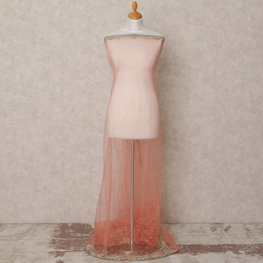 Blush Pink Embroidered Nylon Tulle Fabric with Gold Sequin Scatter Work and Floral Beaded Border, 140 cm Width, Made in India-D23499