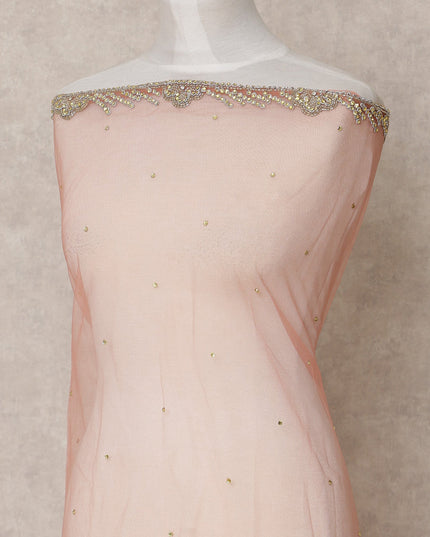 Blush Pink Embroidered Nylon Tulle Fabric with Gold Sequin Scatter Work and Floral Beaded Border, 140 cm Width, Made in India-D23499