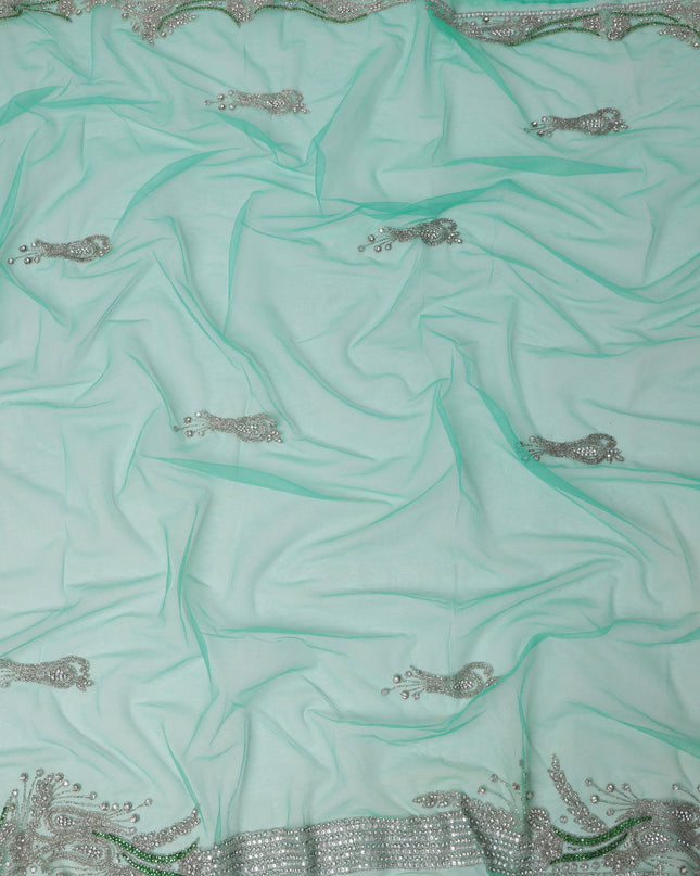 Mint Green Embroidered Nylon Tulle Fabric with Silver Beaded Paisley Butis and Intricate Stone Border, 140 cm Width, Made in India-D23500