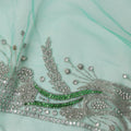 Mint Green Embroidered Nylon Tulle Fabric with Silver Beaded Paisley Butis and Intricate Stone Border, 140 cm Width, Made in India-D23500