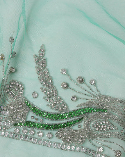 Mint Green Embroidered Nylon Tulle Fabric with Silver Beaded Paisley Butis and Intricate Stone Border, 140 cm Width, Made in India-D23500