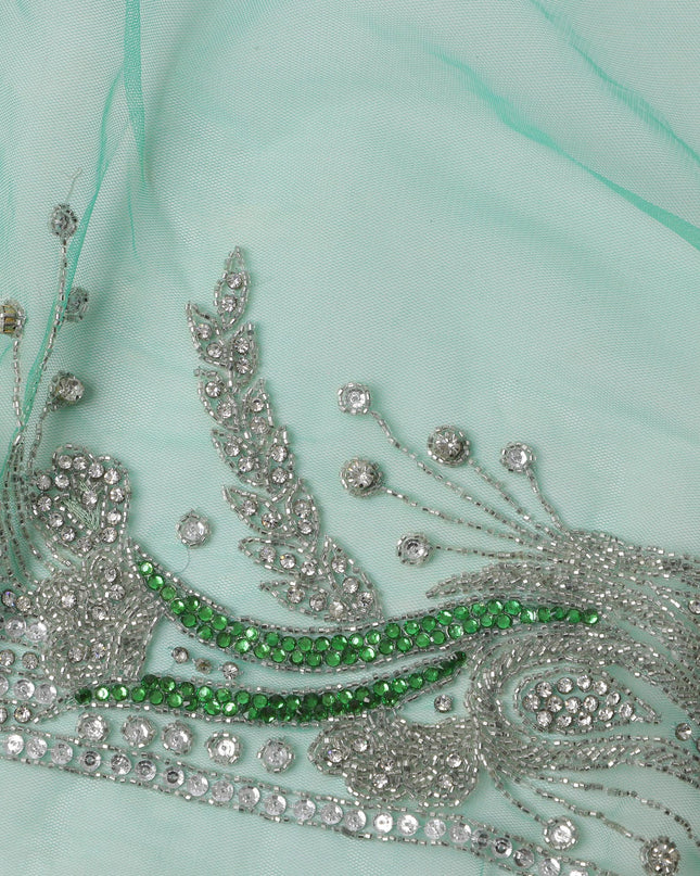 Mint Green Embroidered Nylon Tulle Fabric with Silver Beaded Paisley Butis and Intricate Stone Border, 140 cm Width, Made in India-D23500
