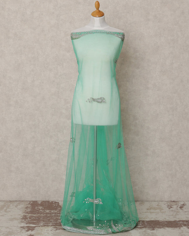 Mint Green Embroidered Nylon Tulle Fabric with Silver Beaded Paisley Butis and Intricate Stone Border, 140 cm Width, Made in India-D23500