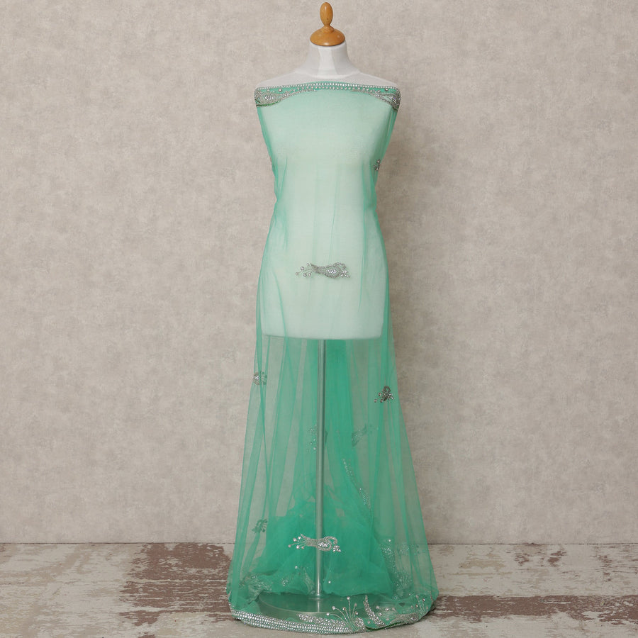 Mint Green Embroidered Nylon Tulle Fabric with Silver Beaded Paisley Butis and Intricate Stone Border, 140 cm Width, Made in India-D23500