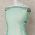 Mint Green Embroidered Nylon Tulle Fabric with Silver Beaded Paisley Butis and Intricate Stone Border, 140 cm Width, Made in India-D23500