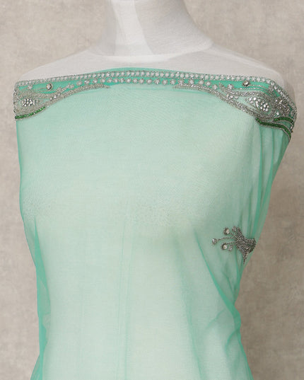 Mint Green Embroidered Nylon Tulle Fabric with Silver Beaded Paisley Butis and Intricate Stone Border, 140 cm Width, Made in India-D23500