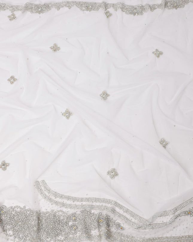 White Embroidered Nylon Tulle Fabric with Silver Crystal Floral Butis and Heavy Beaded Border Work, 140 cm Width, Made in India-D23501
