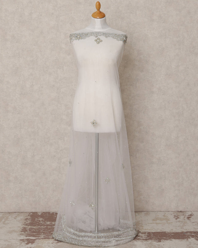 White Embroidered Nylon Tulle Fabric with Silver Crystal Floral Butis and Heavy Beaded Border Work, 140 cm Width, Made in India-D23501